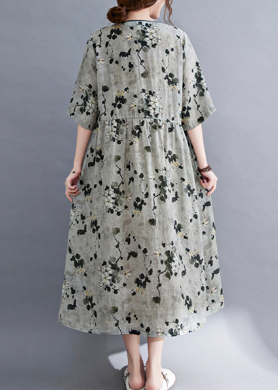 Damen Grau V-Ausschnitt Print Leinen Langes Kleid Kurzarm