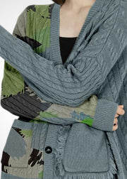 Women Grey V Neck Print Tassel Pockets Wool Cardigans Winter