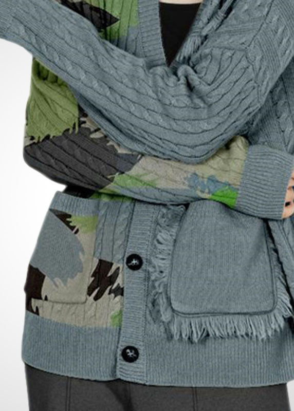 Women Grey V Neck Print Tassel Pockets Wool Cardigans Winter