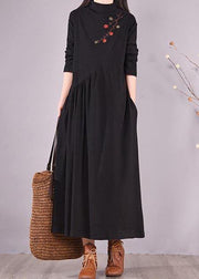 Women High Neck Cinched Spring Clothes Tutorials Black Embroidery Long Dresses - SooLinen