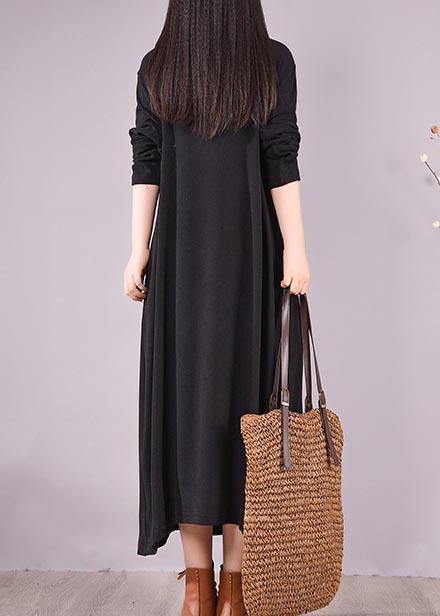 Women High Neck Cinched Spring Clothes Tutorials Black Embroidery Long Dresses - SooLinen