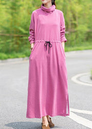 Women High Neck Drawstring Spring Tunics Design Pink Robe Dress - SooLinen