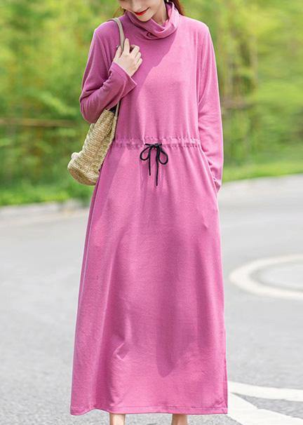 Women High Neck Drawstring Spring Tunics Design Pink Robe Dress - SooLinen