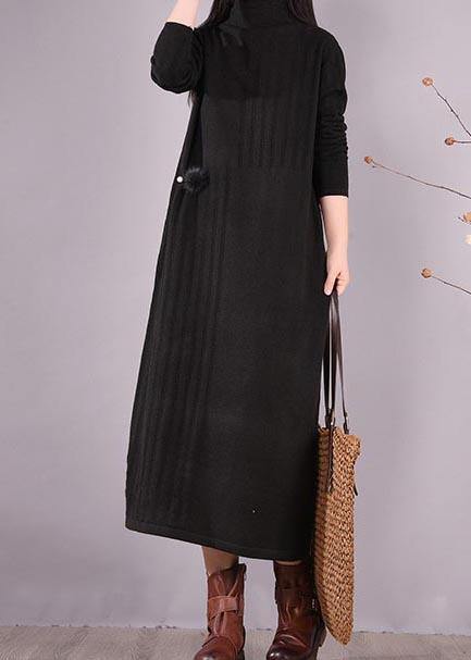 Women High Neck Spring Wardrobes Sleeve Black Robe Dress - SooLinen
