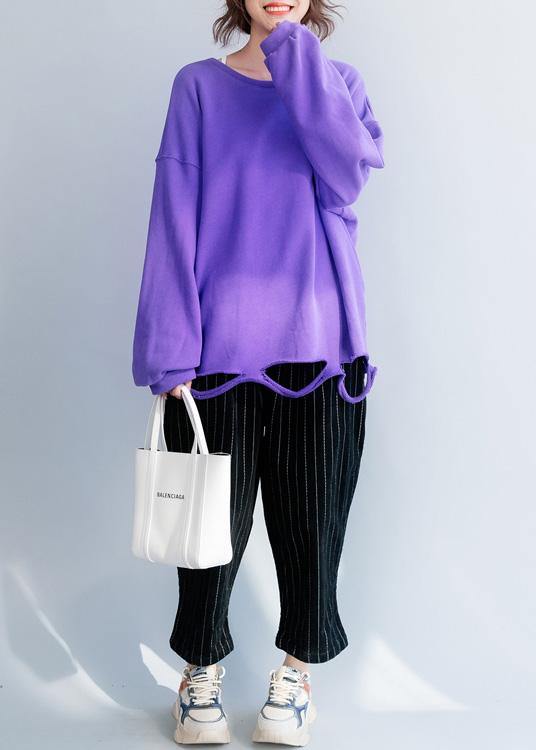Women Hole hem cotton o neck clothes Neckline purple shirt - SooLinen