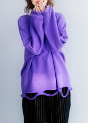 Women Hole hem cotton o neck clothes Neckline purple shirt - SooLinen