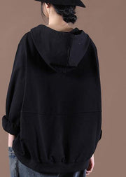 Women Hooded Autumn Simple Black Tops - SooLinen