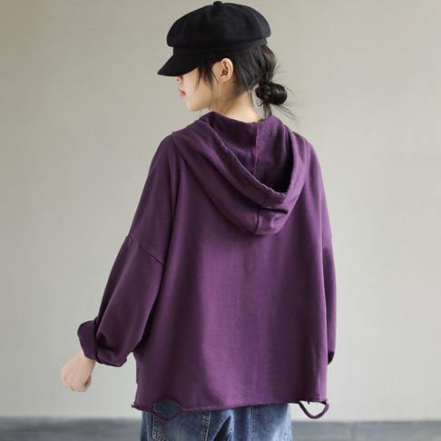 Women Hooded Hole Spring Top Silhouette Photography Purple Blouses - SooLinen