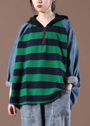 Women Hooded Sring Shirts Green Striped Tops - SooLinen