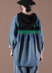 Women Hooded Sring Shirts Green Striped Tops - SooLinen