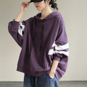 Women Hooded cotton Spring Tunic pattern Work Outfits Purple Sweatshirt - SooLinen