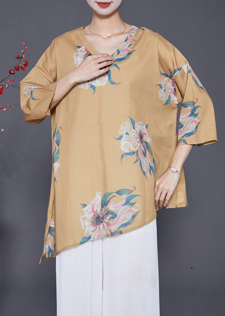 Women Khaki Asymmetrical Print Linen Shirts Summer