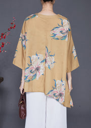 Women Khaki Asymmetrical Print Linen Shirts Summer
