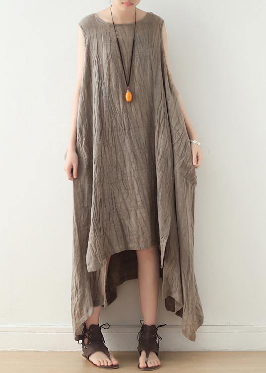 Women Khaki Asymmetrical Summer Sleeveless Linen Dress - SooLinen
