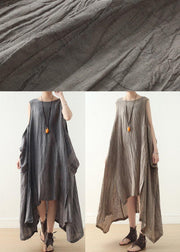 Women Khaki Asymmetrical Summer Sleeveless Linen Dress - SooLinen