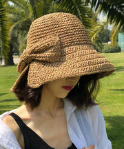 Women Khaki Bow Side Open Straw Woven Bucket Hat
