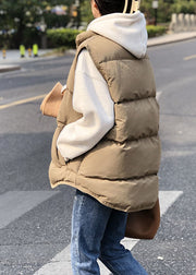 Women Khaki Casual Stand Collar Thick Winter Sleeveless Puffer Vest