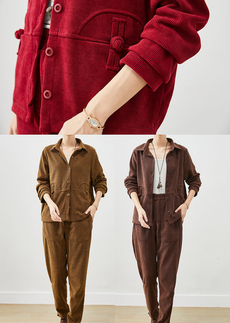 Women Khaki Chinese Button Warm Fleece Corduroy Women Sets 2 Pieces Winter