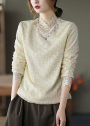 Women Khaki Clothes Stand Collar Lace Spring Top - SooLinen