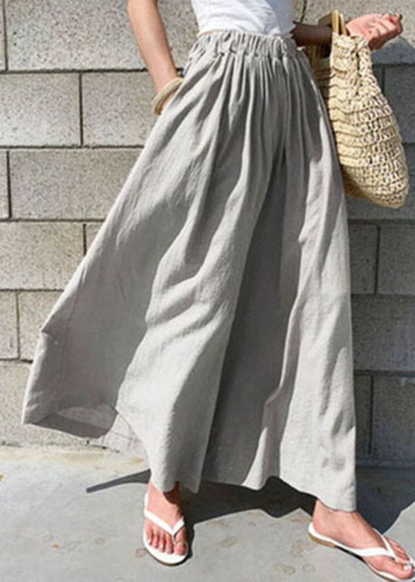 Women Khaki Elastic Waist Solid Color Cotton Wide Leg Pants Summer