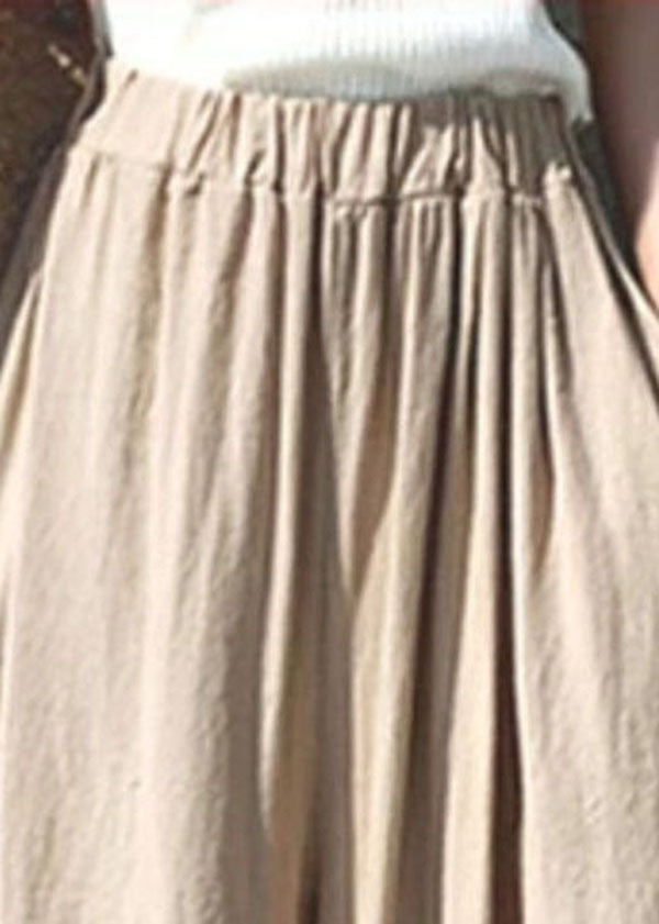 Women Khaki Elastic Waist Solid Color Cotton Wide Leg Pants Summer