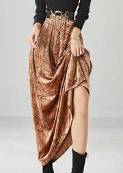 Women Khaki Elastic Waist Wrinkled Silk Velour Skirt Fall