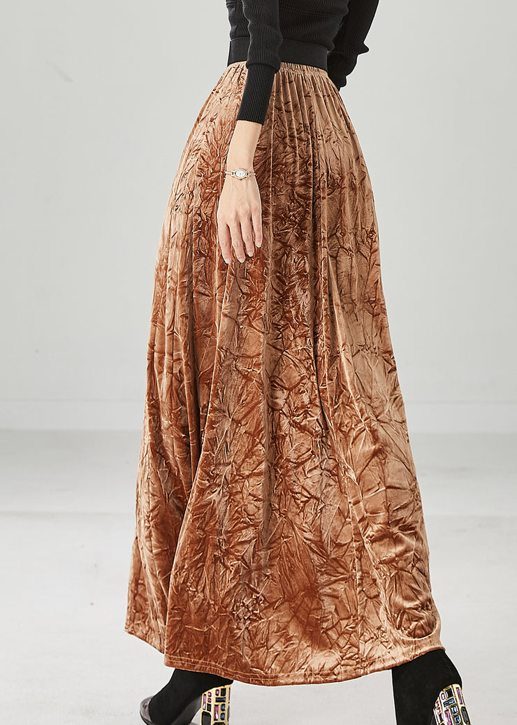 Women Khaki Elastic Waist Wrinkled Silk Velour Skirt Fall