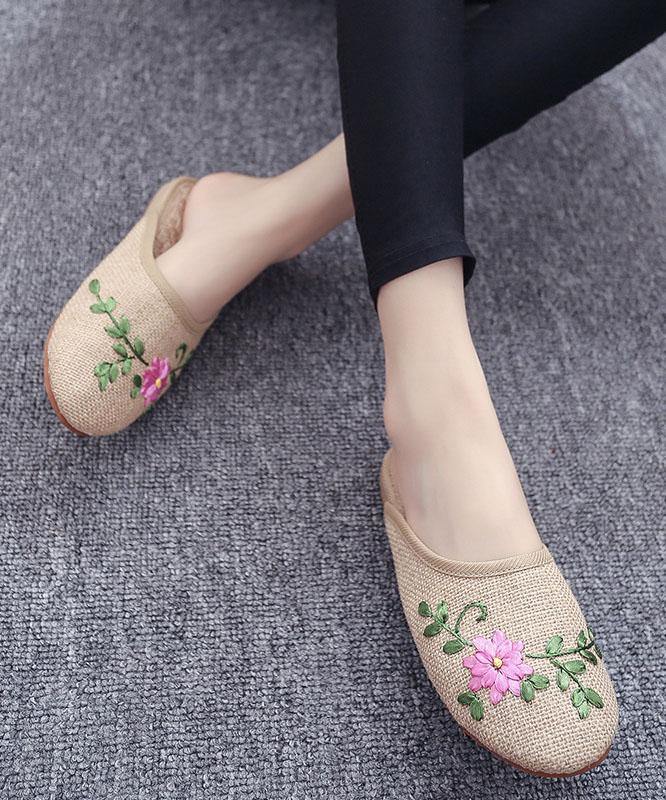 Women Khaki Embroideried Linen Fabric Slippers Shoes - SooLinen