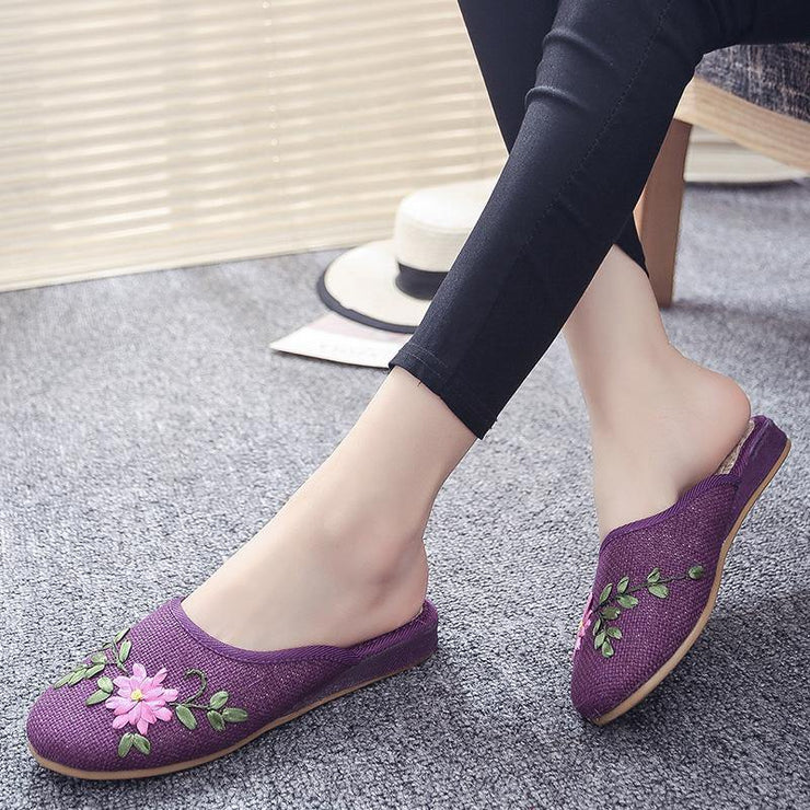 Women Khaki Embroideried Linen Fabric Slippers Shoes - SooLinen