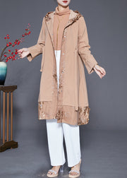 Women Khaki Embroidered Patchwork Cinched Spandex Trench Fall