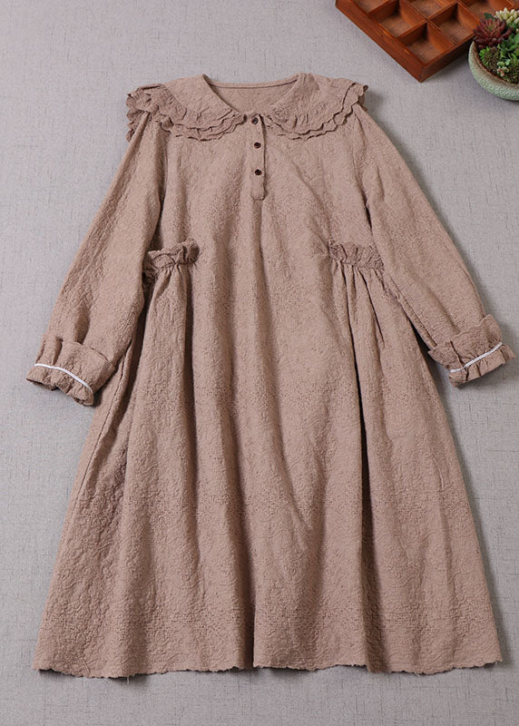 Frauen Khaki Bestickte gekräuselte Baumwollurlaubskleider mit langen Ärmeln