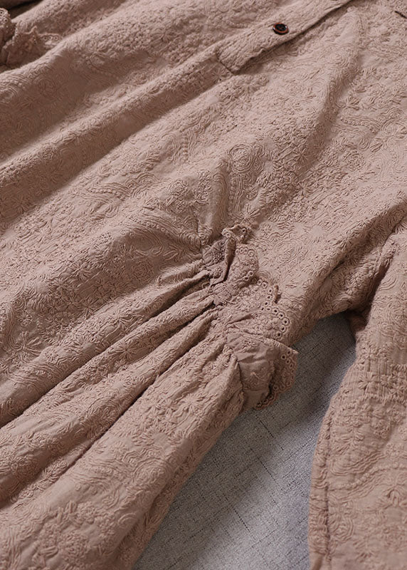 Frauen Khaki Bestickte gekräuselte Baumwollurlaubskleider mit langen Ärmeln