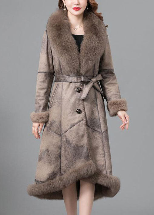 Women Khaki Fur collar Sashes Pockets Patchwork Leather And Fur Parkas In Winter