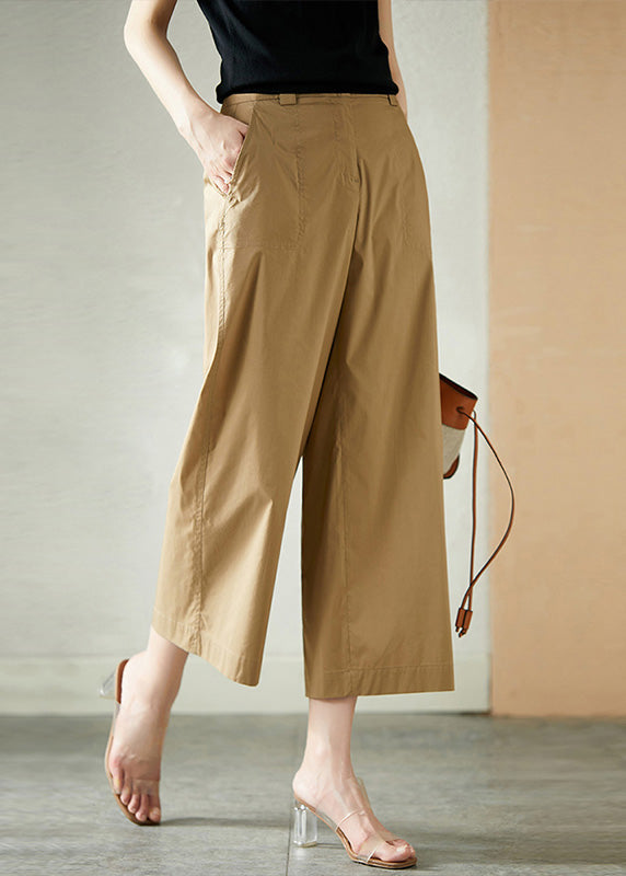 Women Khaki High Waist Button Crop Pants Summer