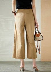Women Khaki High Waist Button Crop Pants Summer