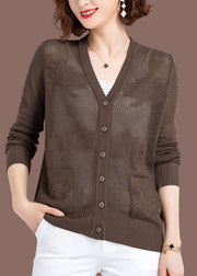 Women Khaki Hollow Out Embroidered Patchwork Thin Knit Cardigan Fall