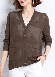 Women Khaki Hollow Out Embroidered Patchwork Thin Knit Cardigan Fall