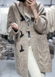 Women Khaki Hooded Oversized Cashmere Long Cardigans Winter