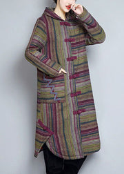 Women Khaki Hooded Pockets Striped Fine Cotton Filled Women Witner Coats