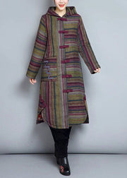 Women Khaki Hooded Pockets Striped Fine Cotton Filled Women Witner Coats
