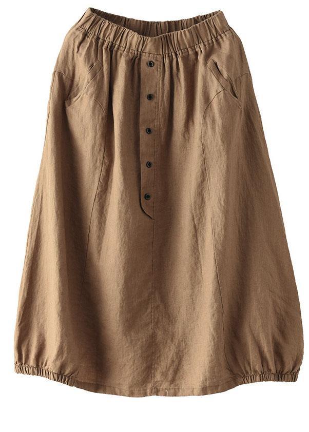 Women Khaki Linen Elastic Waist Button Skirt - SooLinen