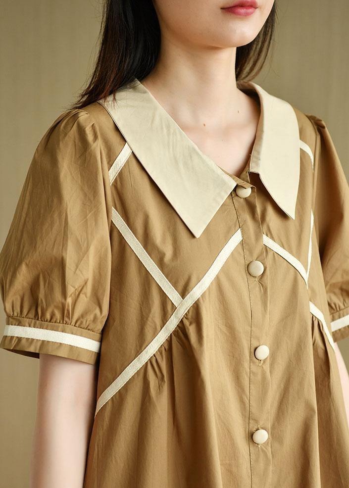 Women Khaki Loose Puff Sleeve A Line Summer Cotton Dress - SooLinen