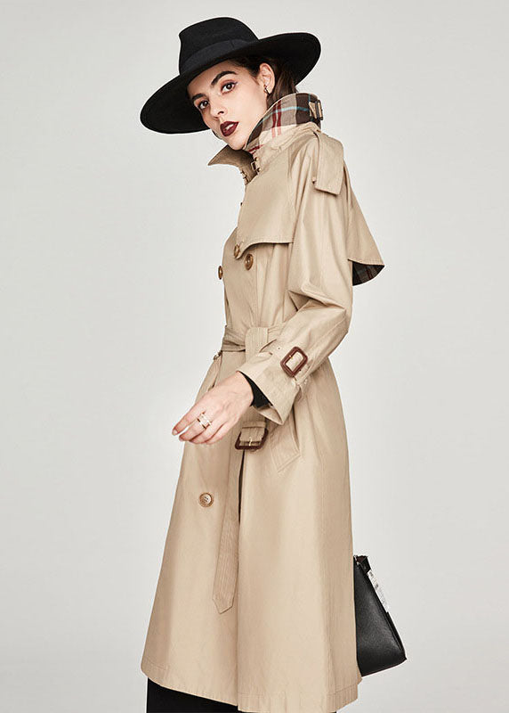 Women Khaki Notched Collar Side Open Cotton Double Breasted Trench Spring