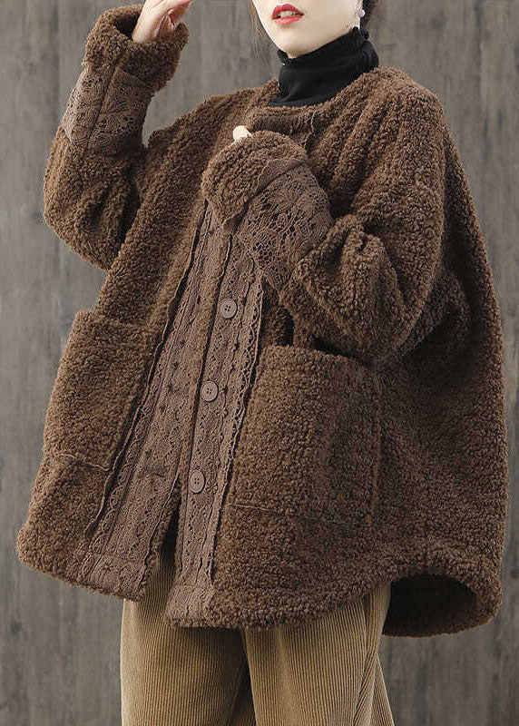 Women Khaki O-Neck Button Casual Fall Winter Thick Long sleeve Coat