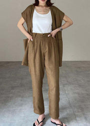 Women Khaki O-Neck Patchwork Vest And Pants Linen Two Pieces Set Spring