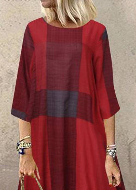 Women Khaki O-Neck Plaid Maxi Dresses Half Sleeve
