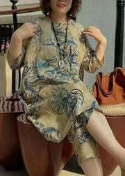 Women Khaki O-Neck Print Linen Two Piece Suit Set Half Sleeve