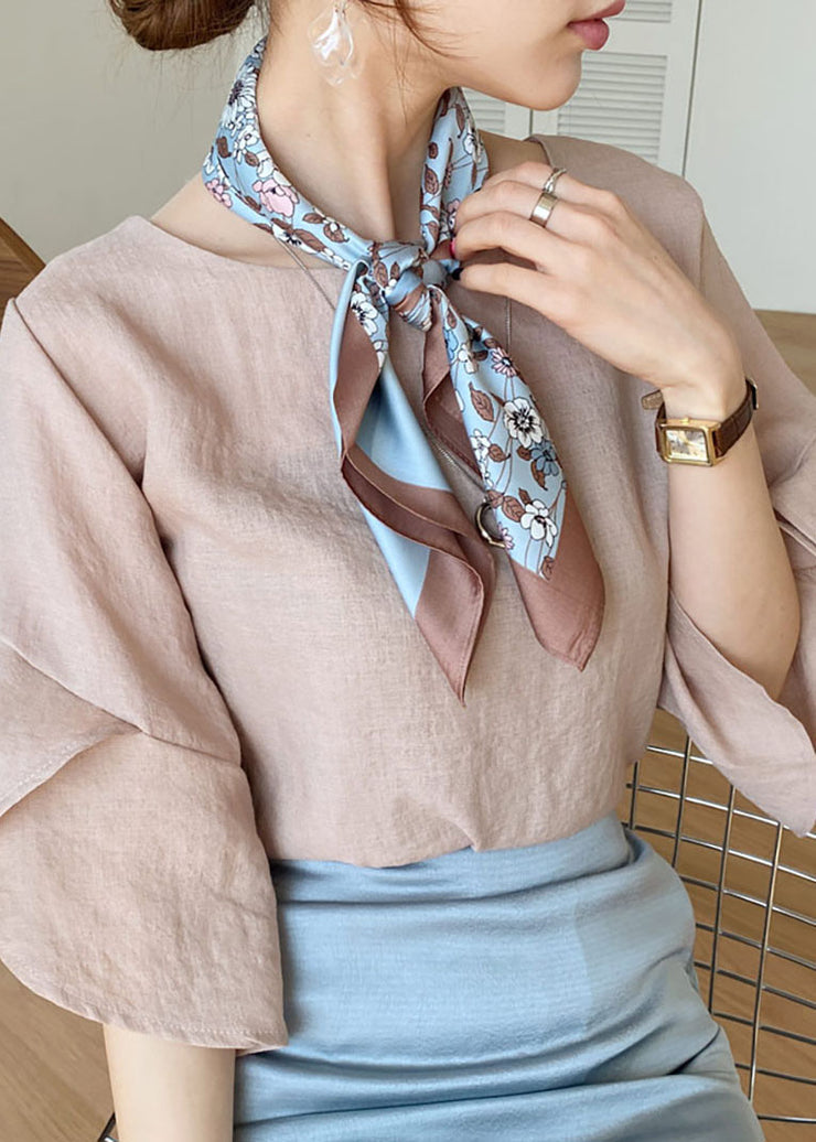 Women Khaki O-Neck Slim Fit Linen Shirt Top Butterfly Sleeve
