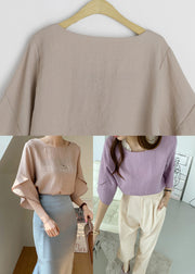 Women Khaki O-Neck Slim Fit Linen Shirt Top Butterfly Sleeve