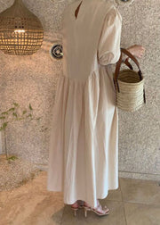 Women Khaki O Neck Wrinkled Patchwork Cotton Dresses Summer